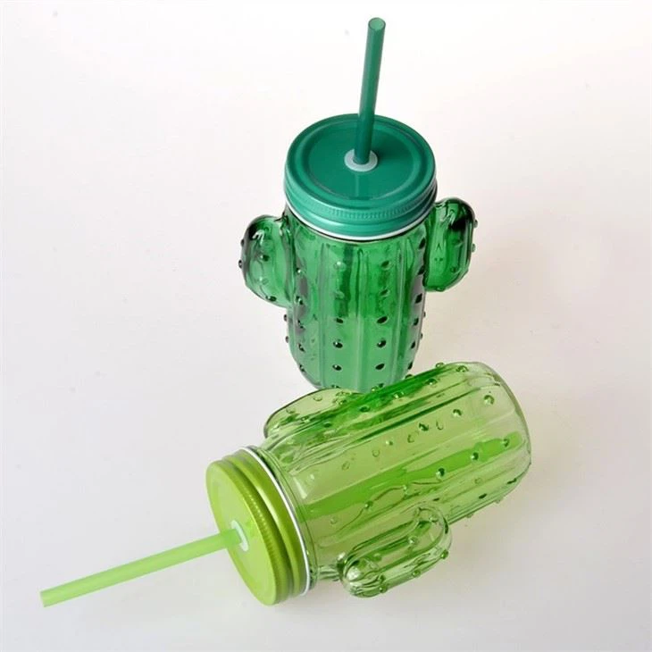 Glass Cactus Shaped Jar With Straw